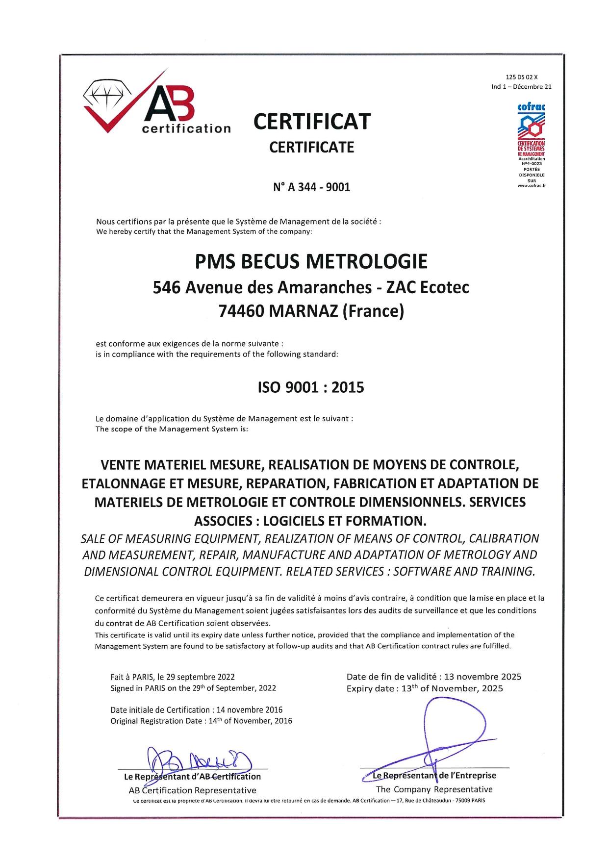 Certificat PMS BECUS METROLOGIE COFRAC ISO 9001