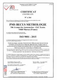 PMS BECUS Métrologie : Certificat ISO 9001