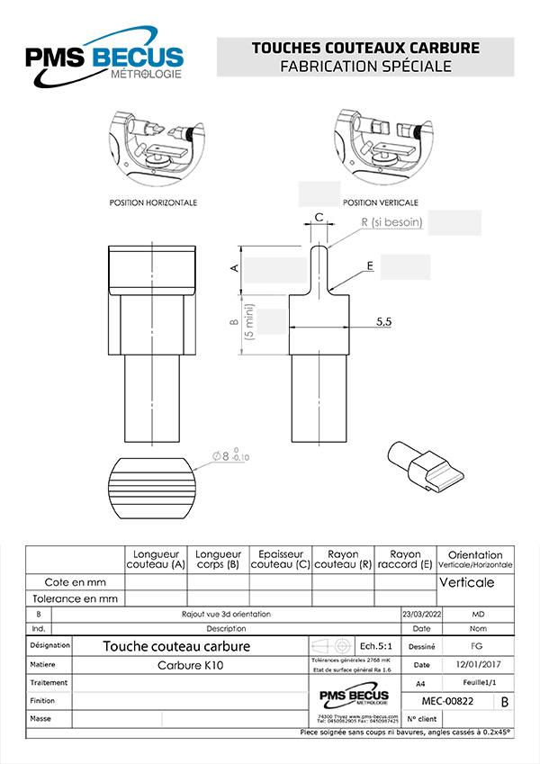 Fabrication de touches spéciales couteaux carbure pour cé de mesure, passamètre