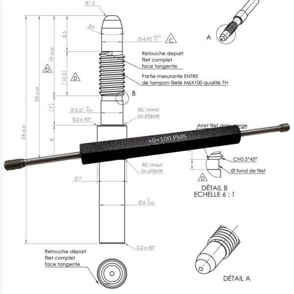 Dessin technique d’un tampon fileté spécial sur plan client