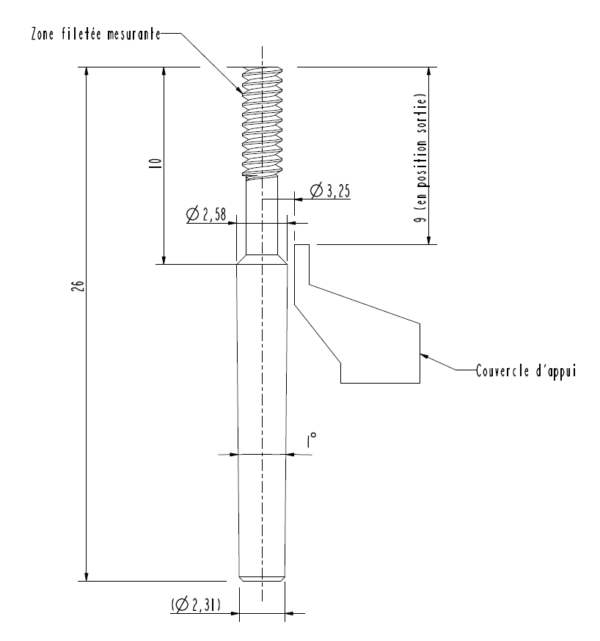 Plan 2D montrant les dimensions de filetage d’un tampon fileté