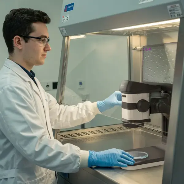 Technicien utilisant le microscope stéréo numérique 3D ProteQ VISO en salle blanche sous hotte à flux laminaire