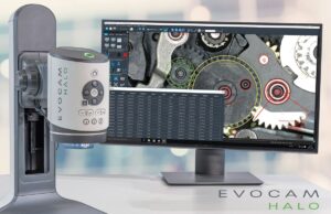 Microscope numérique 4K industriel EVO Cam HALO avec écran et logiciel ViPlus affichant les mesures à l’écran, pour inspection, analyse et contrôle qualité haute précision.